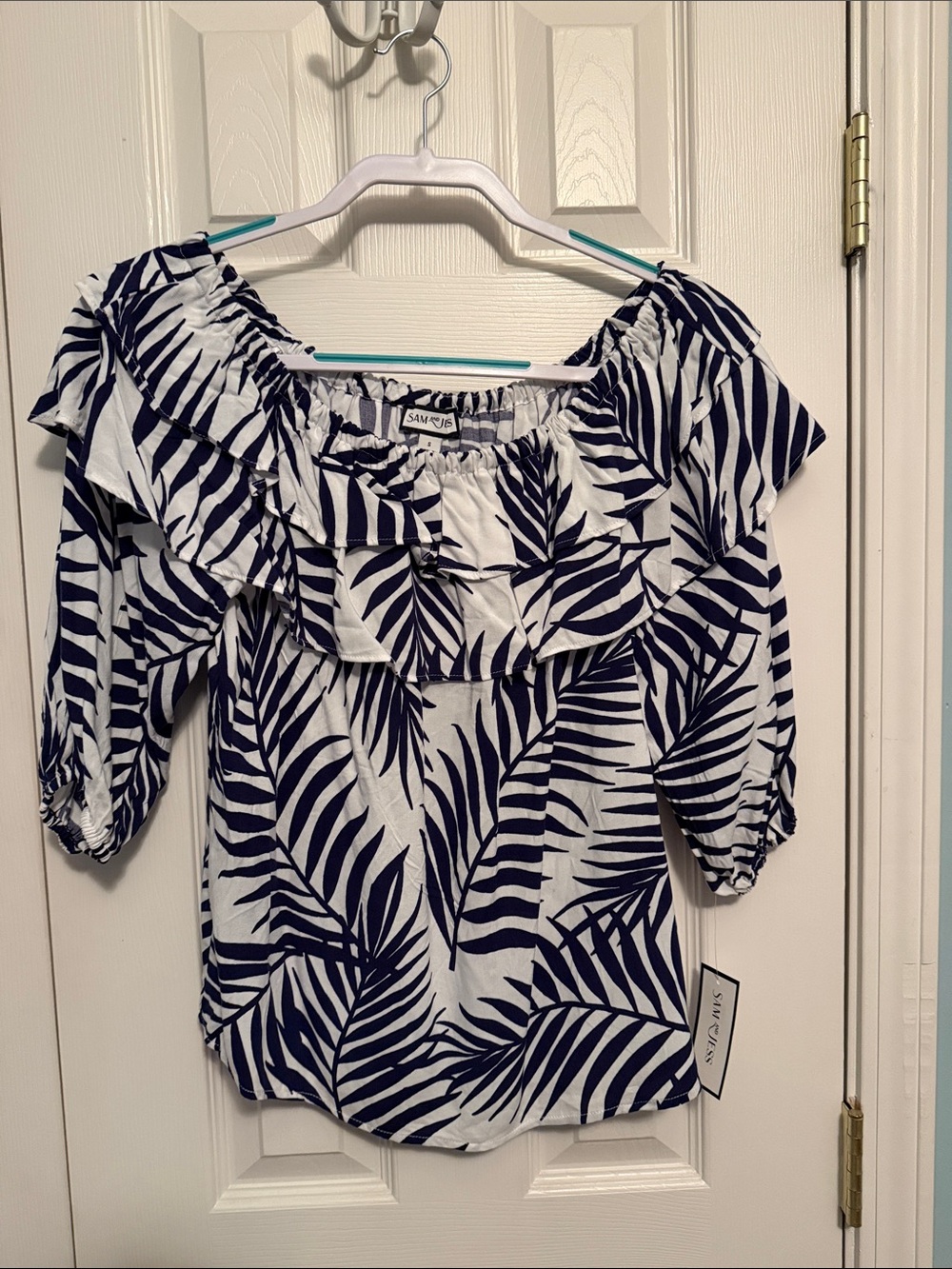 Sam and Jess Navy Leaf-Print Off-Shoulder Blouse NWT S Rayon